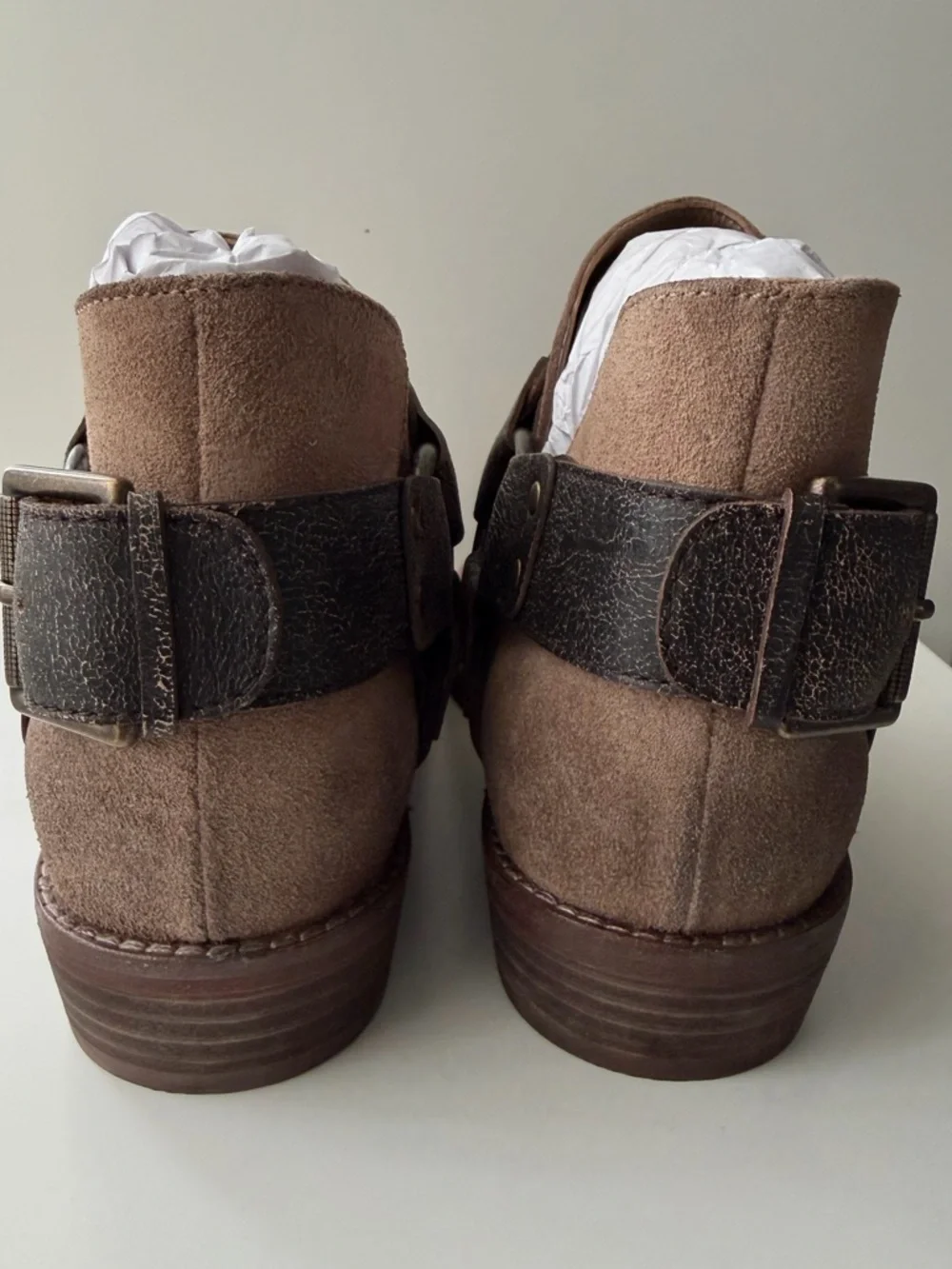 FREE PEOPLE Belle Harness Boots - Size 8 - Fawn Suede Boho Western Ankle Boots